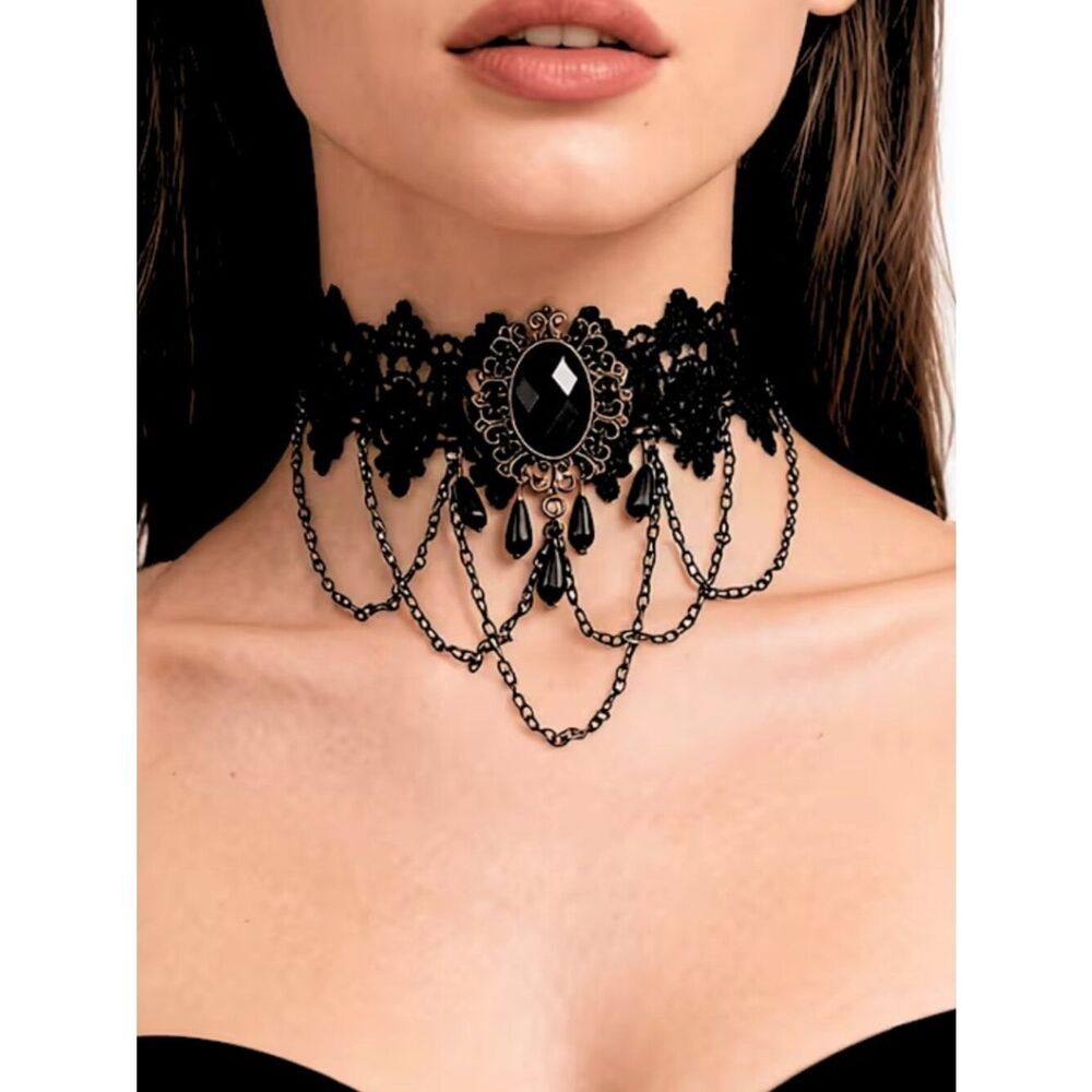 NEW Black Lace Gothic Choker Necklace Victorian Steampunk Gem Pendant NWT